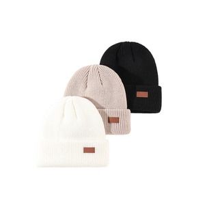 3 Pack Unisex Leather Patch Cap Beanies Knitted Roll-up Edge Hat